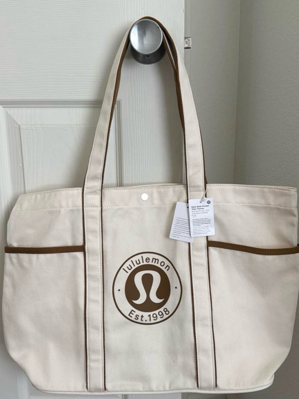 lululemon athletica Canvas Tote in Cream Brown Trim logo XXL multi pocket